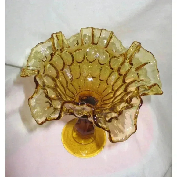 Vintage Amber Ruffle Compote Fenton Thumb print candy dish midcentury modern - Picture 2 of 5